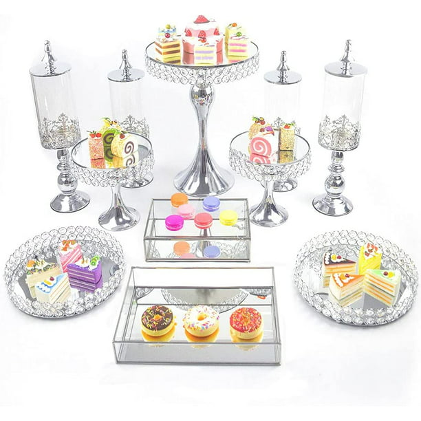 SILVER METAL 7.5" tall Cake Stand with Crystal Pendants Party Wedding Reception